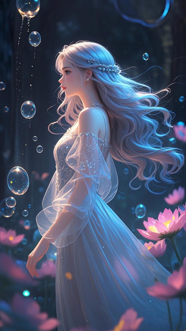 水下仙子：银发少女与梦幻莲花池