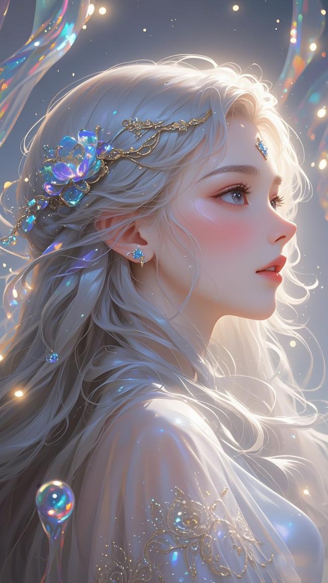 银发仙子侧颜幻想插画，梦幻光影流光溢彩
