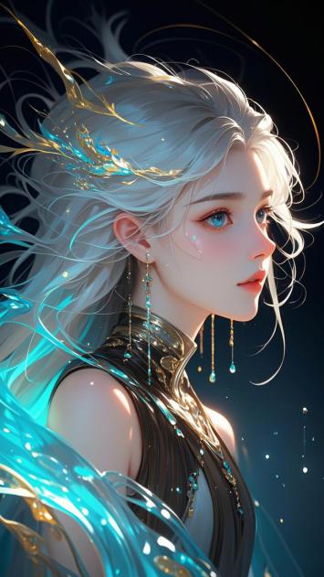 银发仙子水韵飘逸，玄幻写实肖像图