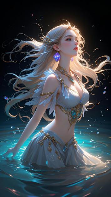 银发女神水中伫立，奇幻光影交织