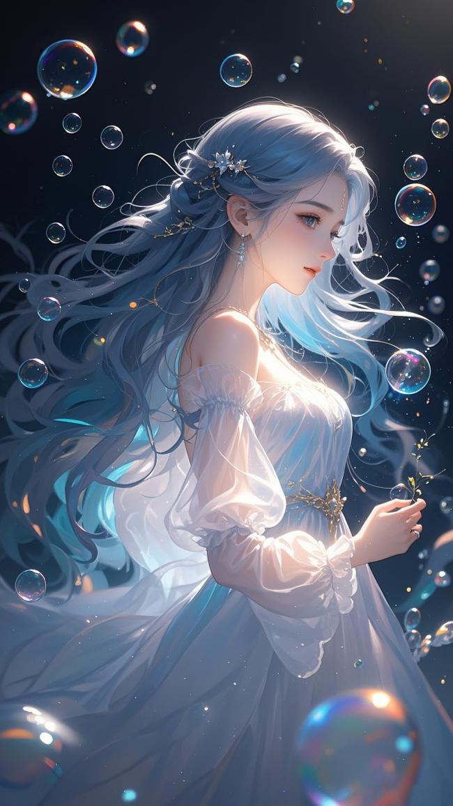蓝发少女与梦幻泡泡的3D插画