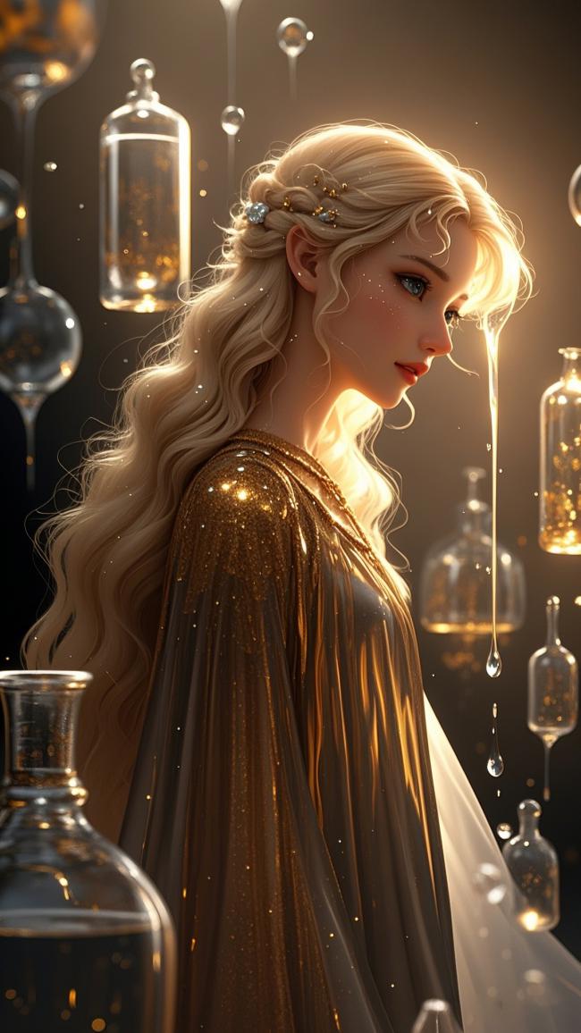 金色魔法女巫侧影·悬浮瓶中液滴流淌