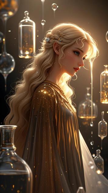 金色魔法女巫侧影·悬浮瓶中液滴流淌