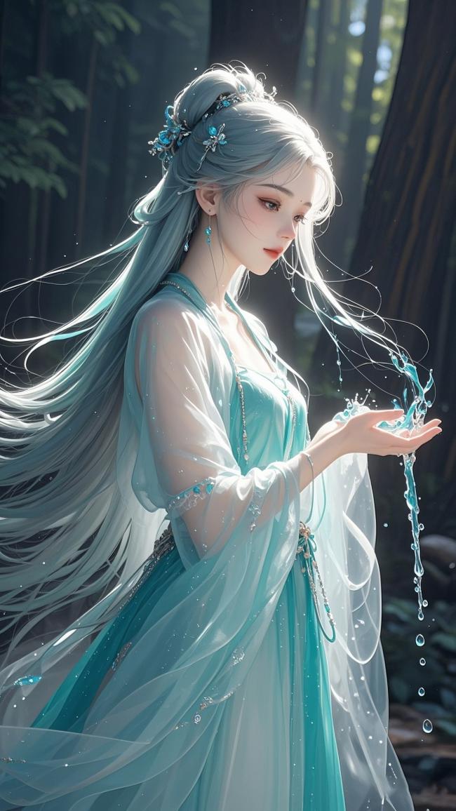 青丝如瀑仙子持水立林间