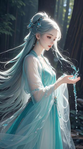 青丝如瀑仙子持水立林间