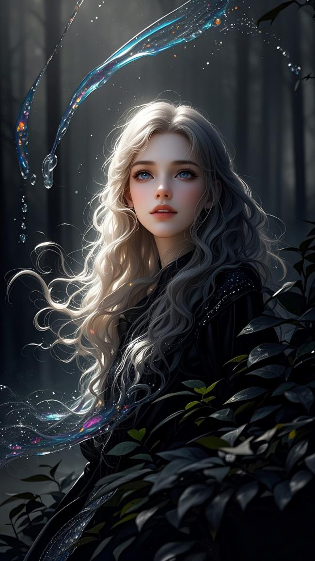 银发魔女林间幻影，光影流转如梦似幻