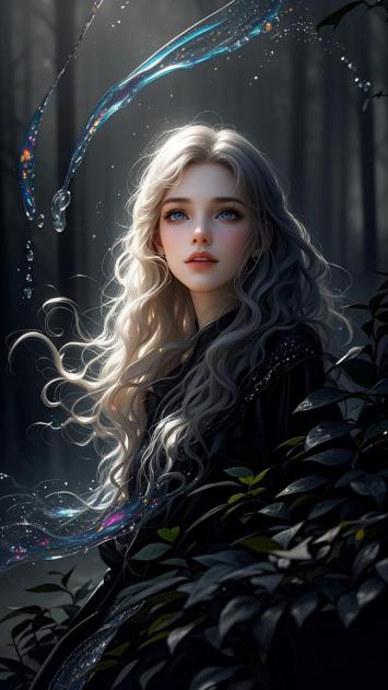 银发魔女林间幻影，光影流转如梦似幻