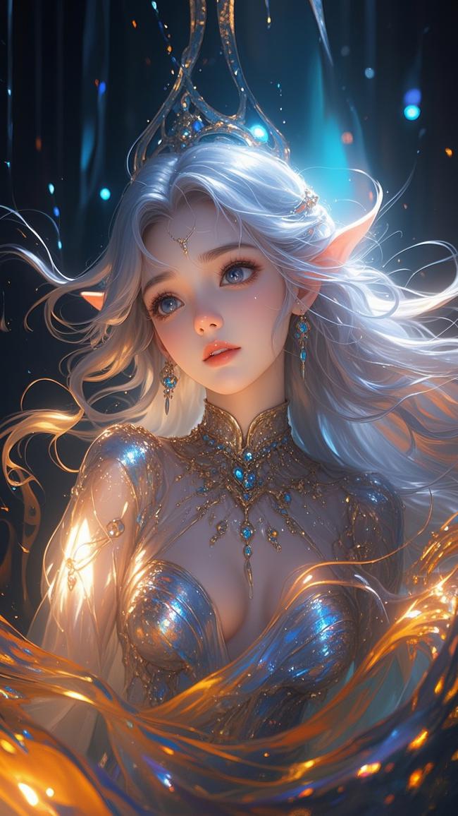 银发精灵女王：魔法光芒中的梦幻肖像