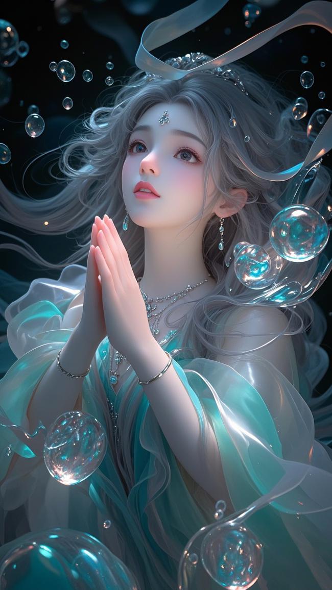 水下仙灵少女合十祈愿图