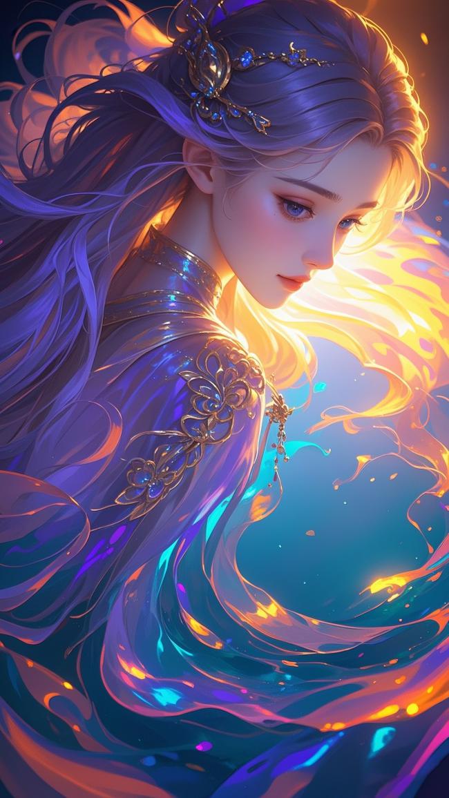 紫发仙子光瀑环绕，仙侠玄幻风唯美插画