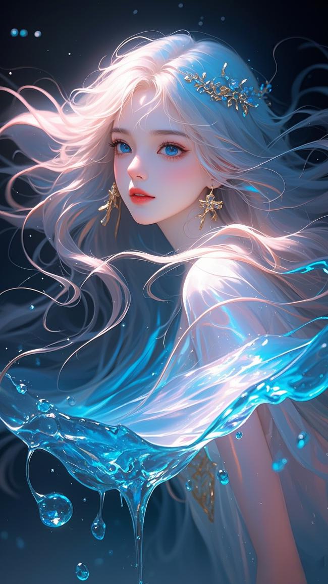 银发水灵少女奇幻插画