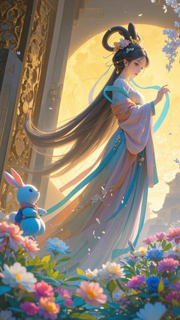 月夜花丛中的仙侠汉服少女与玉兔