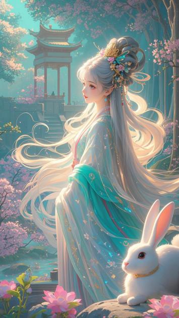 仙侠少女与玉兔共赏樱花亭台