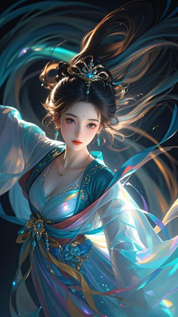 仙气飘飘古风仙女插画，流光发丝舞星空
