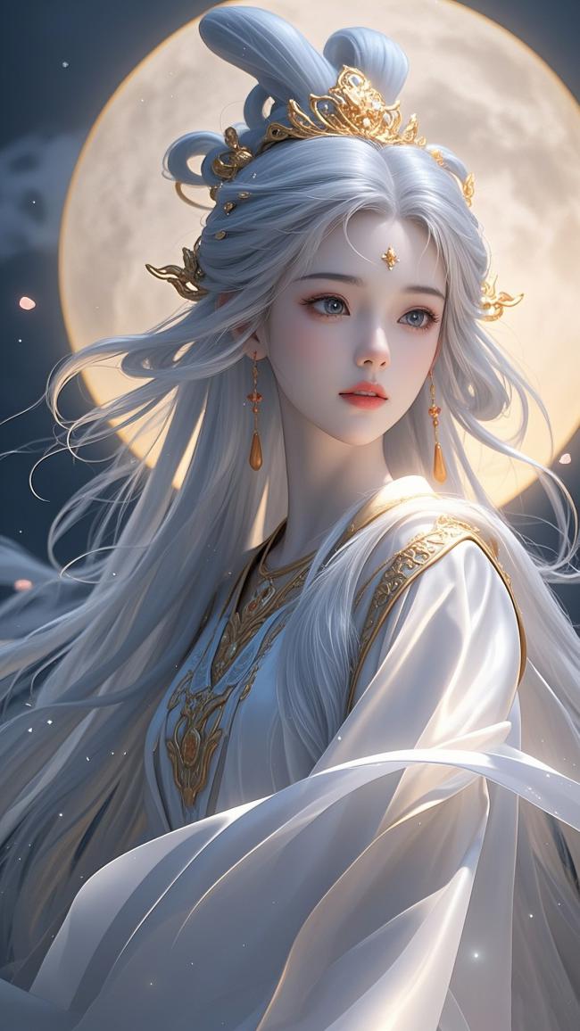 银发仙子月下伫立，古风仙侠玄幻神韵十足