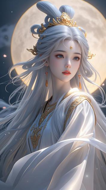 银发仙子月下伫立，古风仙侠玄幻神韵十足