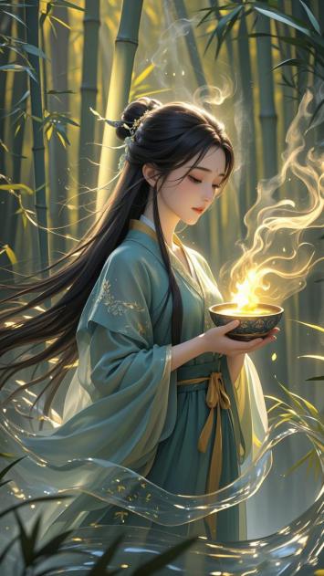 竹林仙子持灵火碗，古风玄幻唯美图