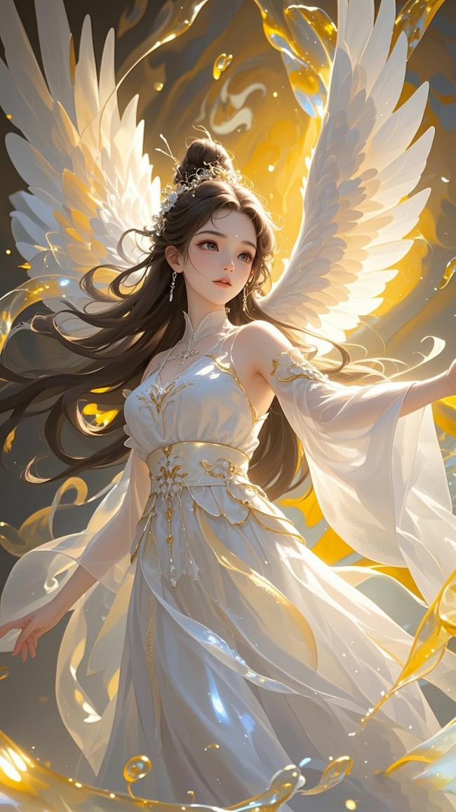 天使少女白金华服飞翼幻光图