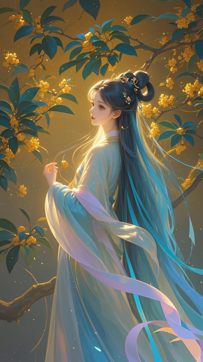 古风仕女桂下赏花图