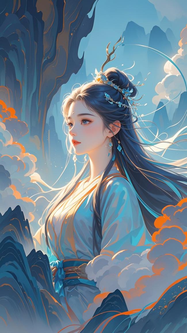 仙侠少女立云巅，青衫拂风映霞光