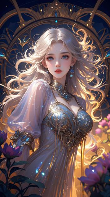 银发女神立于星穹拱门下，幻梦般光影交织