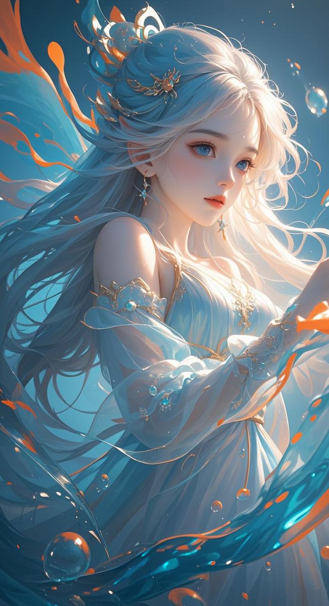 蓝发仙子水元素幻想插画