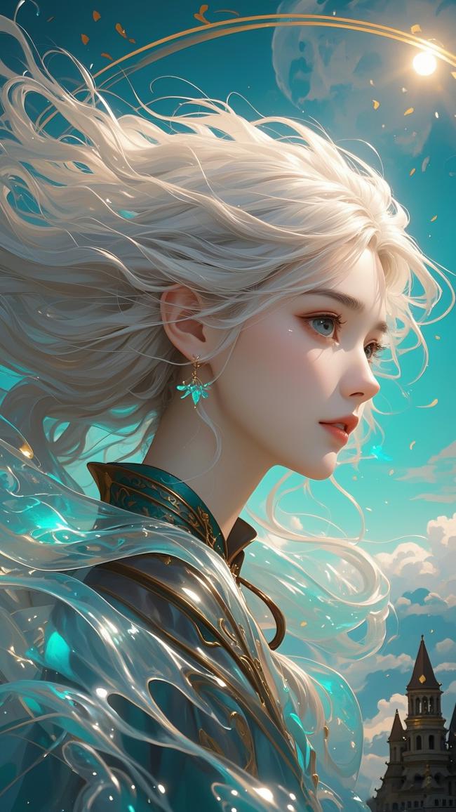 银发魔女侧颜特写，蓝袍流光映城堡天际