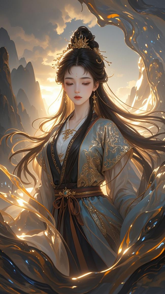 仙侠少女立山巅，金光流泻映云霞