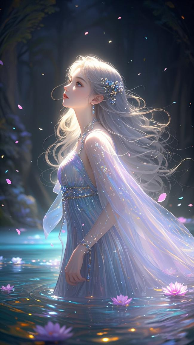 银发仙子立水畔，花瓣飘零梦幻景