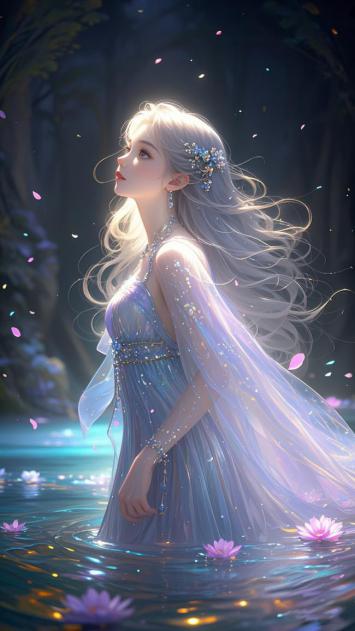 银发仙子立水畔，花瓣飘零梦幻景