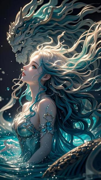 仙子与神龙共舞深海，蓝发飞旋梦幻如诗