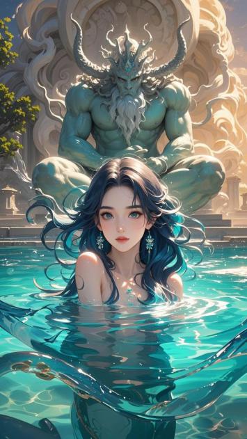 水神与少女对峙的奇幻神殿场景