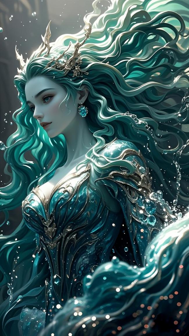 海洋女神3D写实肖像，青绿长发如浪涌动