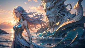 海神与女神的日落对峙 · 写实神话画卷