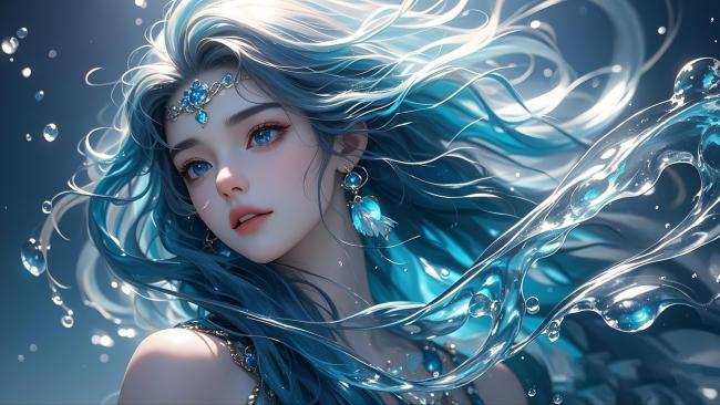蓝发水灵少女水下肖像，3D渲染梦幻唯美