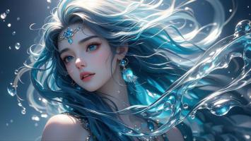 蓝发水灵少女水下肖像，3D渲染梦幻唯美