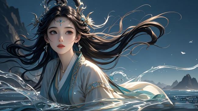 仙侠少女立水间，长发飞舞如梦境