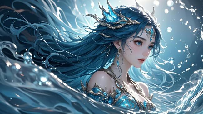 水下仙侠女神，蓝发飘逸如海浪