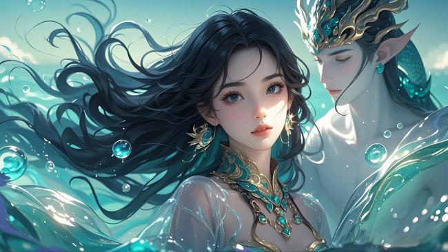 海底仙缘·水墨动漫情侣图