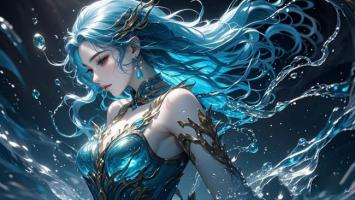海洋女神3D渲染插画，蓝发水灵仙姿动人