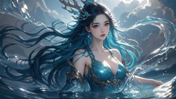 水下仙子龙冠垂眸，蓝发如浪卷云间