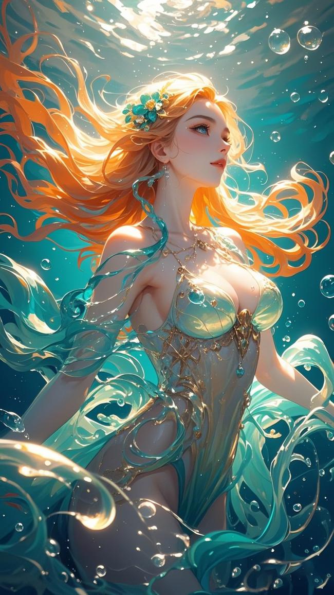 深海幻境美人鱼：金发流光，水波缠绕的奇幻画卷