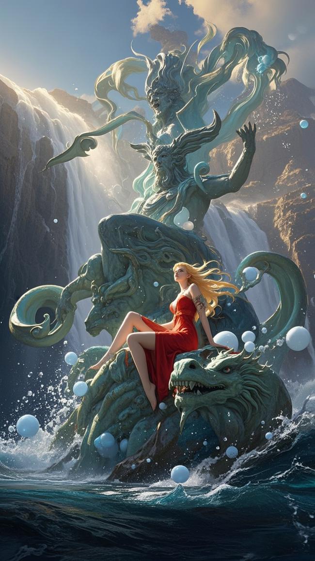 红裙女神坐镇海神巨像，瀑布深渊间史诗幻境