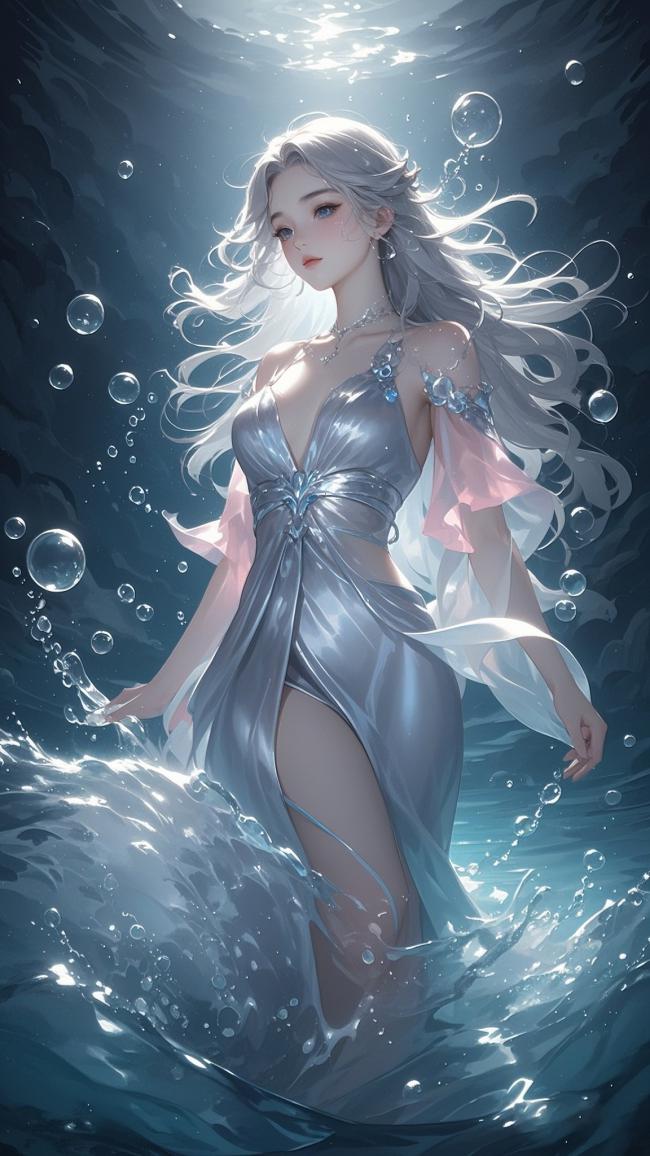 深海银发女神：水光潋滟的写实幻想图