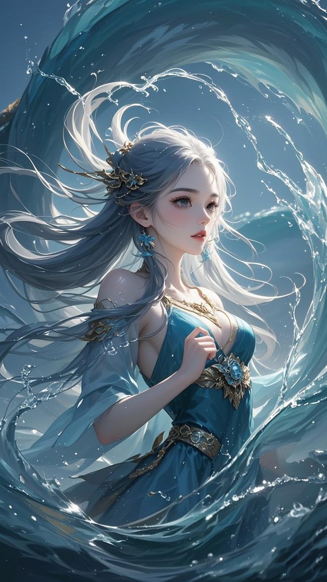 仙侠女神立于水漩涡中，银发飘逸蓝裙生辉