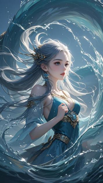 仙侠女神立于水漩涡中，银发飘逸蓝裙生辉