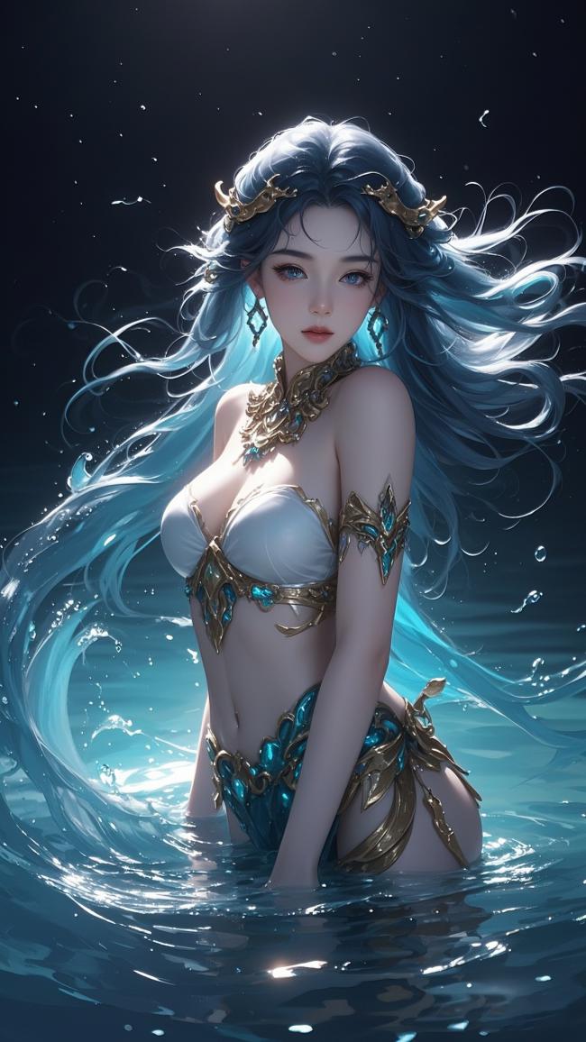深海女神：蓝发水灵的写实幻想插画