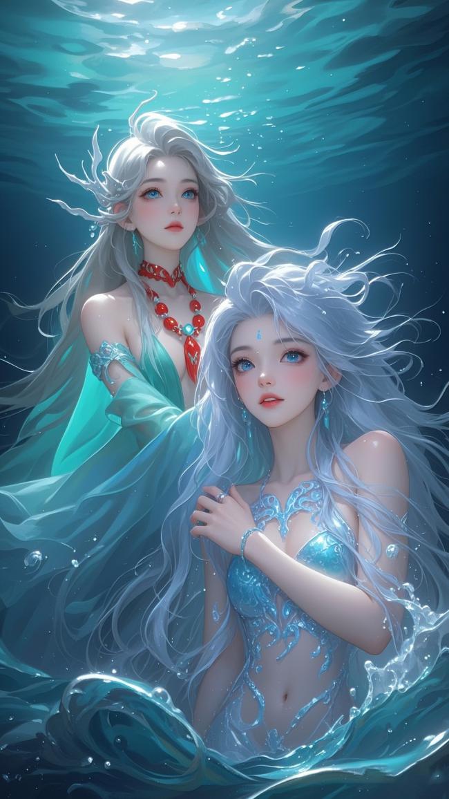 深海双美人鲛梦幻水下插画