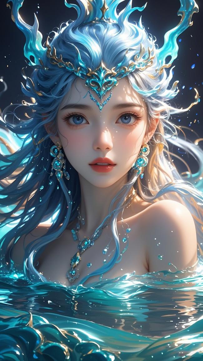 海洋女神水下肖像，蓝银发丝闪耀梦幻光泽