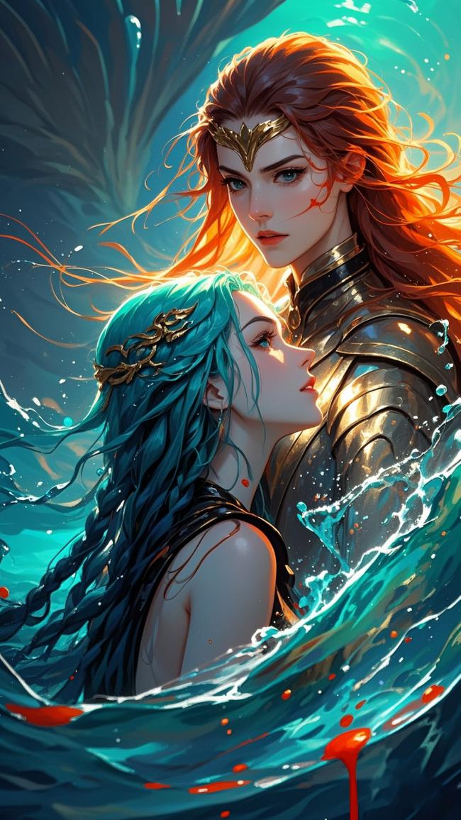 仙侠情侣激流相拥，水光潋滟血色点缀